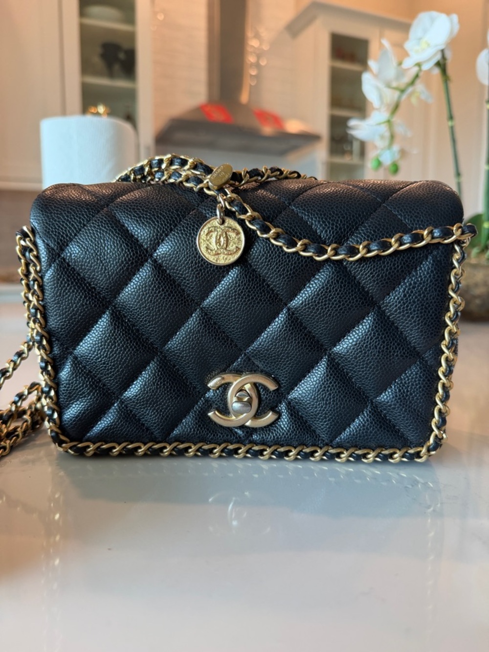 CHANEL Black Quilted Caviar Leather Crossbody with Gold Hardware